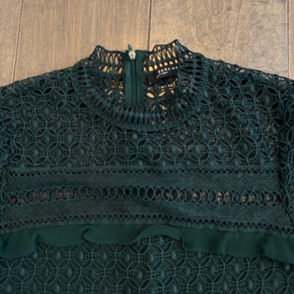 Zara Dark Green Guipure Crochet Lace Frill Detail Top Blouse Medium - Picture 2 of 6